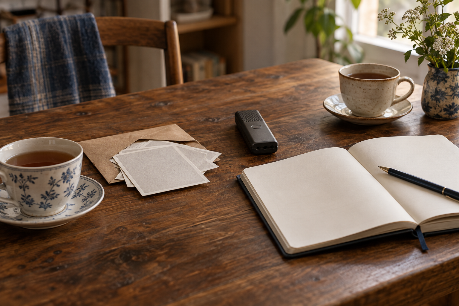 Illustrative kitchen table with a blank notebook, recorder, face-down photographs and two teacups